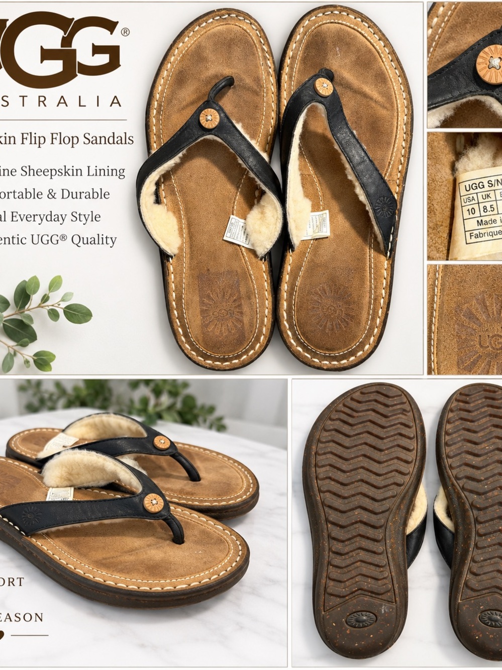 UGG Women's Chestnut Brown & Black Sheepskin-Lined Flip Flop Sandals